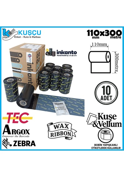 10 Adet Armor 110mmx300mt Wax Ribon Kuşe&vellum
