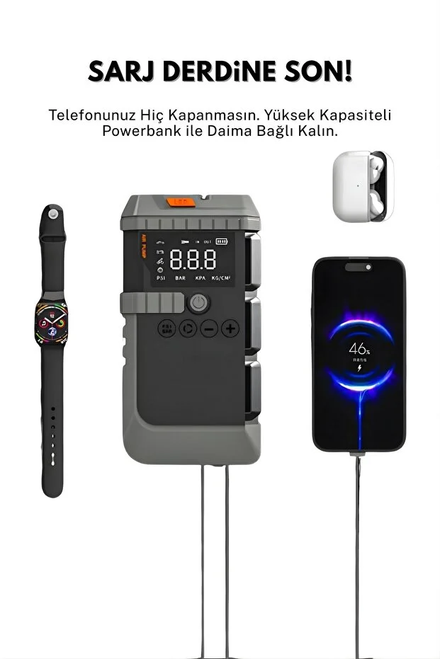 12000mah 4'ü 1 Arada Araç Akü Takviye Cihazı - Hava Kompresörü, Kablosuz Jump Starter & Powerbank
