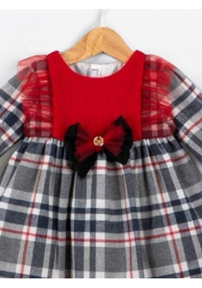 Cantoy Kız Bebek Ekose Desenli Kırmızı Tasarım Elbise-15219 Kırmızı