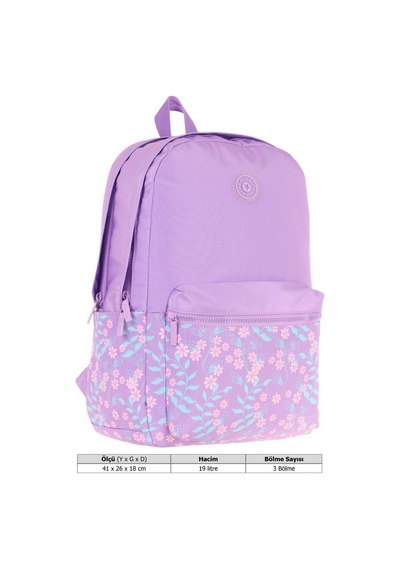 Kaukko Soft Floral Kız Çocuk Üç Bölmeli Mor Çiçekli Okul Sırt Çantası - K1793 Mor