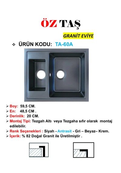 Öztaş TA-60a Granit Mutfak Eviye Antrasit Tek Gözlü 485 x 595 MM