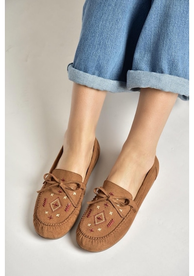 Fox Shoes Y996073102 Taba Süet Renkli Motif İşlemeli Kadın Babet Taba