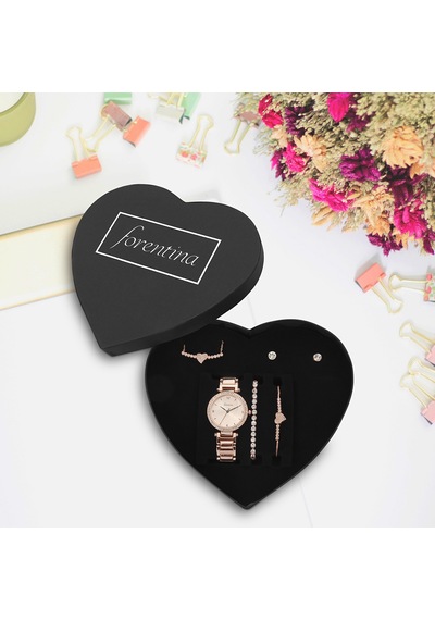 Forentina Rose Zirkon Kalpli Kolye Küpe Bileklik Saat  Set Bronz
