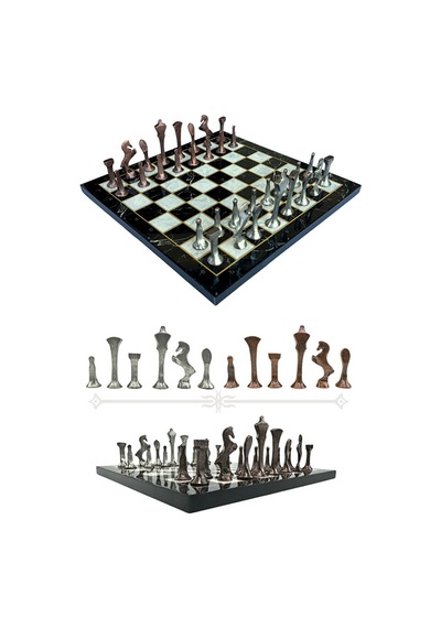 Mc54 - Metal Satranç Takımı - 25cm Mermer Desenli Satranç Tahtası - Sertifikalı Antik Metal Taşlar