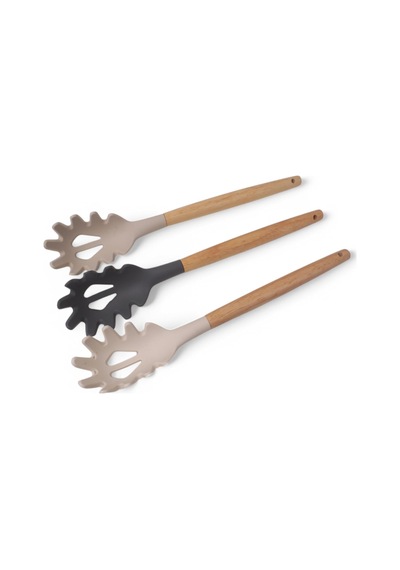 Bambu Saplı Silikon Makarna Servis Kaşığı Isıya Dayanıklı, Yapışmaz, 3 Renk Seçenekli, 27cm Uzun Saplı Makarna Kaşığı Bej