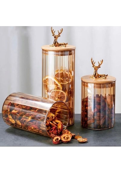 Morponi 3'lü Borosilikat Cam Geyik Figürlü Şık Çizgili Amber Cam Kavanoz Mutfak Seti 500-750-1000 Ml Amber