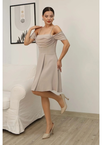Lodmela Drape Detaylı Askılı Midi Elbise 2380-bej Bej