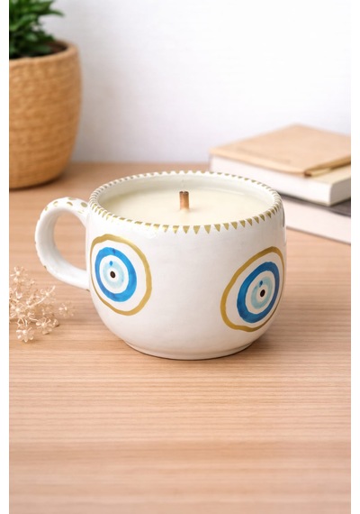 El Yapımı Fincan Mum - Vanilya Aromalı Mumluk 7.5x8 Cm Cogo Ceramic Açık Gri