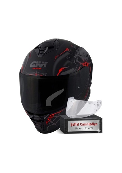 Gıvı 50.x Arachno Mat Siyah-kırmızı Kapalı Kask Siyah Cam+şeffaf Cam