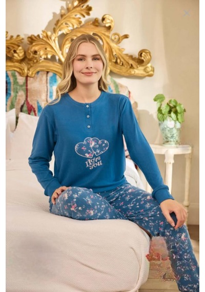Aydoğan Kadın Düğme Yaka Termal Pijama Takımı 240674m- 1 Adet Mavi