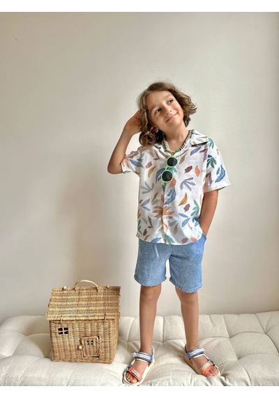 Miniko Kids Erkek Çocuk Yaprak Desenli Muslin Şortlu Gömlekli Pamuk Takım Ekru