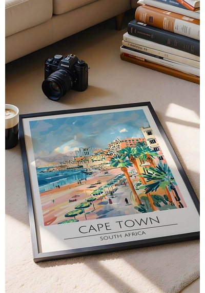 Güney Afrika Cape Town Temalı Çerçeveli Tablo Travel Serisi Modern İllüstrasyon Duvar Dekoru Siyah