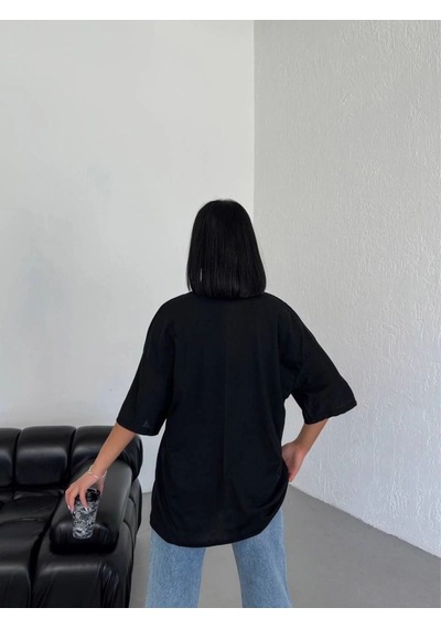 Vinevesta Kadın Düz T-shirt Kısa Kol Bisiklet Yaka Oversize Tişört - Siyah Çok Renkli