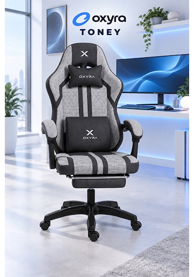 Oxyra Toney Premium Ergonomik Terletmez Kumaş Ayak Destekli Gri Oyuncu Koltuğu GRi Siyah