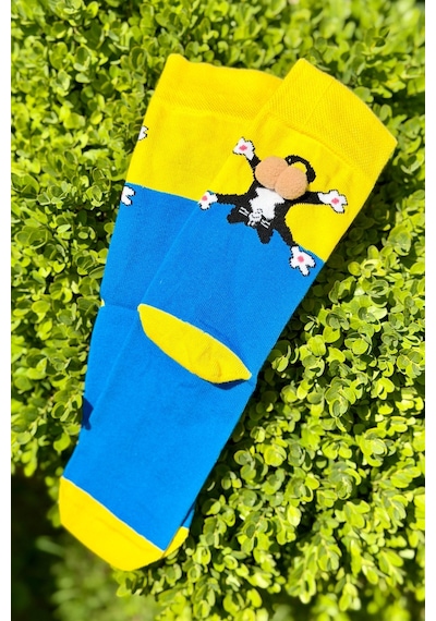 Lousocks Unisex Sarı Mavi Renk Bloklu Kedi Desenli Ponpon Soket Çorap