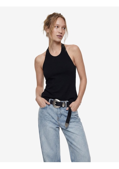 Koton Slim Fit Bel Vurgulu Halter Yaka Kolsuz Peplum Bluz Siyah 6sal30289ık