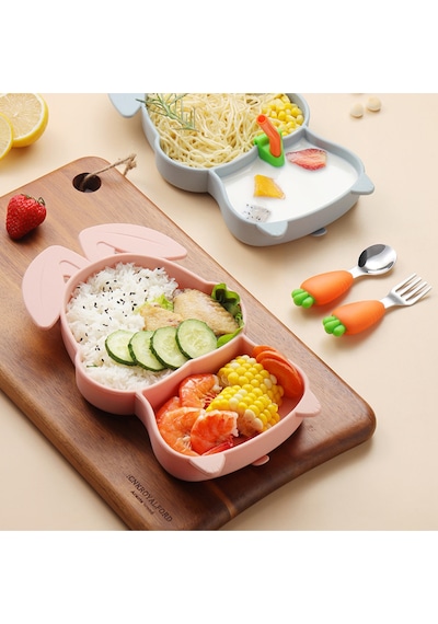 Pembe Vakumlu Silikon Mama Tabağı, Silikon Saplı Metal Uçlu Çatal Ve Kaşık Tavşan Figürlü