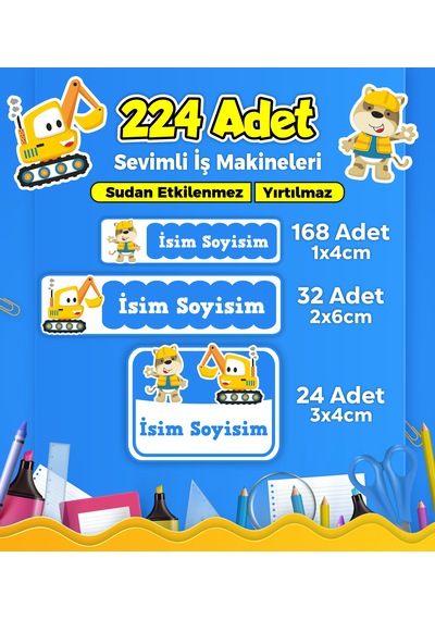 İş Makineleri Temalı Okul Kreş Kişiye Özel İsim Etiket Seti - Model 256 Çok Renkli