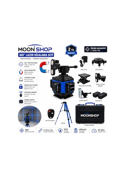 Moonshop 360 Yeşil Lazer Hizalama Seti Şarjlı 16 Çizgili Tripodlu Profesyonel Lazer Terazi