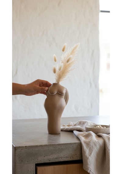 Terracotta Gövde Şekilli Vazo Dekoratif Modern Salon Konsol Bohem Heykelsi Seramik Vazo 20 Cm Açık Kahverengi