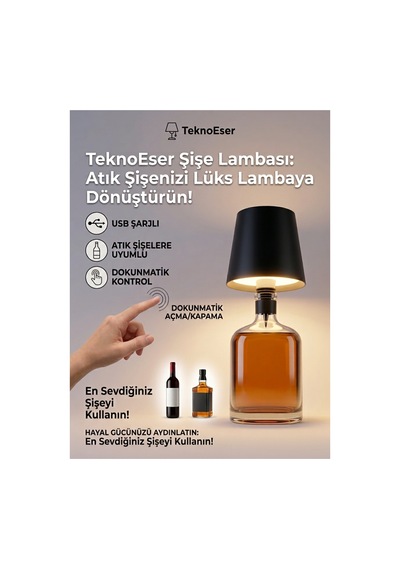 Dokunmatik Şişe Üstü Şarjlı Led Lamba Evinize Şık Ve Modern Bir Dokunuş Siyah