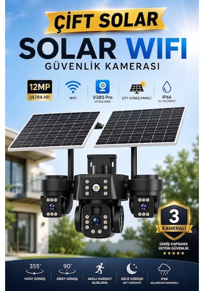 V380 Pro Maro Wifi 12MP Üç Kameralı UltraHD Güneş Enerjili Akıllı Güvenlik Kamerası - 12MP ürün