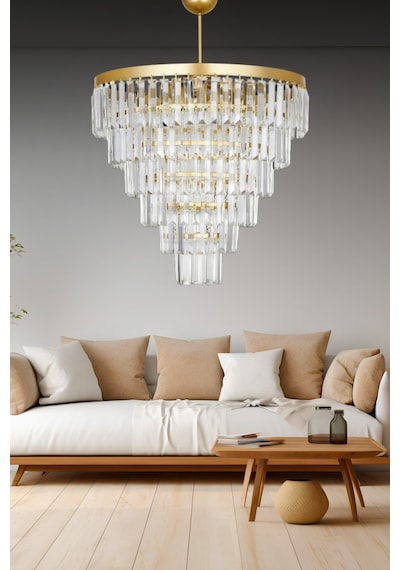 Nilsa Gold 50x50 Cm'lik Kristal Taşlı Lüks Avize - Yatak Odası - Salon - Mutfak - Hol Altın