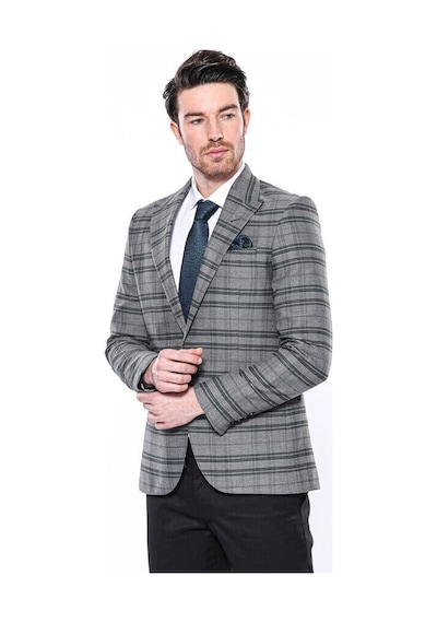 Wessi Ekose Slim Fit Tek Düğme Yeşil Erkek Ceket Siyah