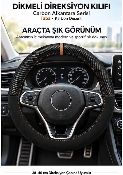 Trobus Audi Q3 2019-2025 Uyumlu Dikmeli Direksiyon Kılıfı Carbon Alkantara Karbon Desenli Taba