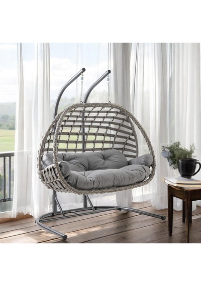 Oylat Çiftli Rattan Bahçe Salıncağı Rehome Balkon Salıncağı Gri