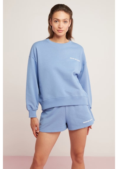 Ethıquet Sandra Kadın Pamuklu Içi Polarlı Yumuşacık Göğsü Baskılı Yuvarlak Yaka Comfort Mavi Sweatsh