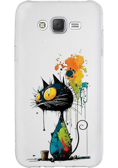 Samsung Galaxy J7 Core İle Uyumlu Splash Kedi Tasarımlı Şeffaf Silikon Kılıf Şeffaf