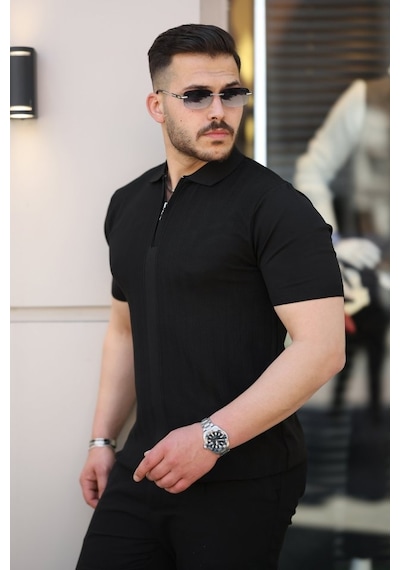 Erkek Yakası Fermuarlı Kısa Kollu T-shirt Siyah