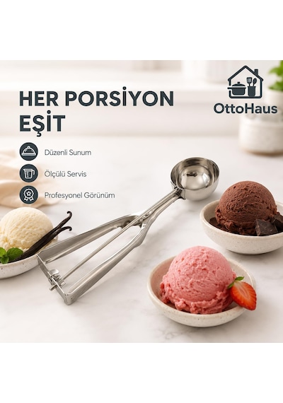 Paslanmaz Çelik Dondurma Kaşığı, Otomatik Yaylı Bırakma Mekanizmalı Porsiyonlama Kaşığı, Kurabiye Hamuru, Köfte, Püre Ve Tatlı Servis Kepçesi