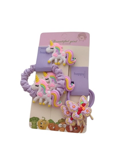 Üzeri Silikon Sevimli Unicorn Ve Kelebek Figürlü Karışık Renk Büzgülü Düz Lastik Ve Çocuk Pens Toka Çok Renkli
