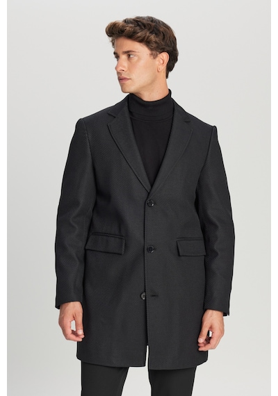 AC&Co / Altınyıldız Classics Erkek Sıyah Standart Fit Normal Kesim Mono Yaka Armürlü Kapak Cepli Palto Siyah