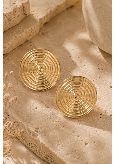 Kadın Gold Spiral Desenli Büyük Küpe Parlak Gold Yuvarlak Stateme Altın