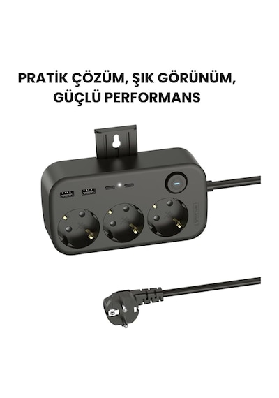 3 Lü Akım Korumalı Çoklu Priz 2 Usb-a 2 Usb-c 2 Metre Kablolu Duvara Monte Anahtarlı Siyah 1 - 3 M