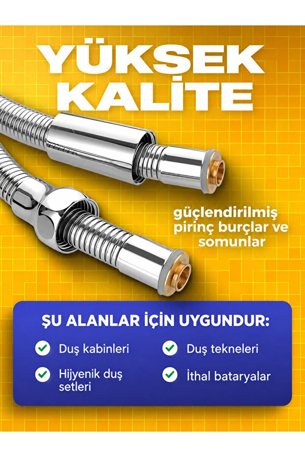 Duş Hortumu 200 Cm 2 Metre Paslanmaz Çelik Örgülü Güçlendirilmiş Çift Kilitli Banyo Duş Spirali Krom