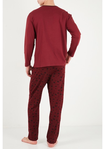 Buratti Desenli Pamuklu Düğmeli Bisiklet Yaka Pijama Takımı Erkek Pijama Takımı 6575002 Bordo