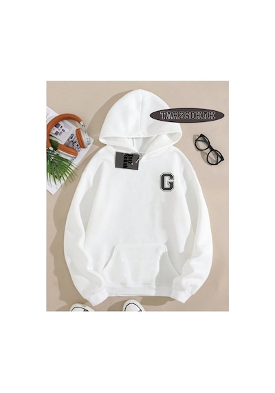 Tarzsokak Kapşonlu Sweatshirt Beyaz G Harfi İsme Özel Tasarım