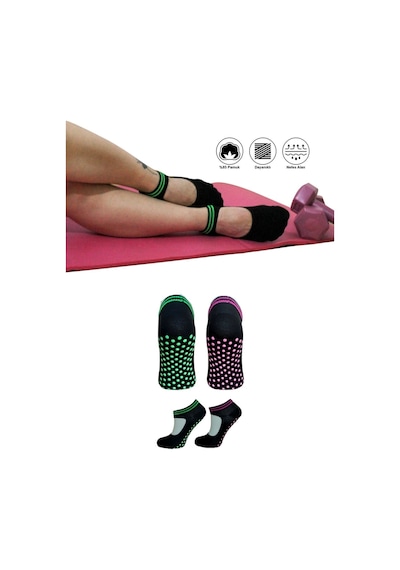 2 Çift Pamuklu Renkli Kaymaz Taban Silikon Baskılı Yoga Fitness Pilates Ve Aktivite Kadın Çorabı Siyah