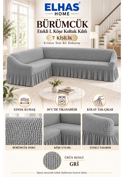 Bürümcük Kumaş 7 Kişilik Etekli L Köşe Koltuk Kılıfı Gri - 934823050 Gri