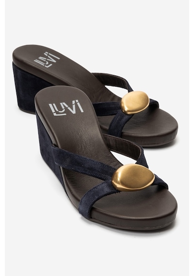 Luvi Shoes Caterına Lacivert Süet Hakiki Deri Tokalı Kadın Dolgu Topuklu Terlik