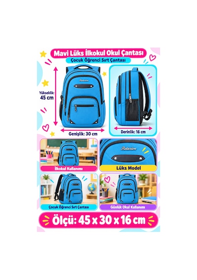 Mavi Lüks İlkokul Okul Çantası Çocuk Öğrenci Sırt Çantası Günlük Okul Kullanımı 45 X 30 X 16 Cm Çok Renkli