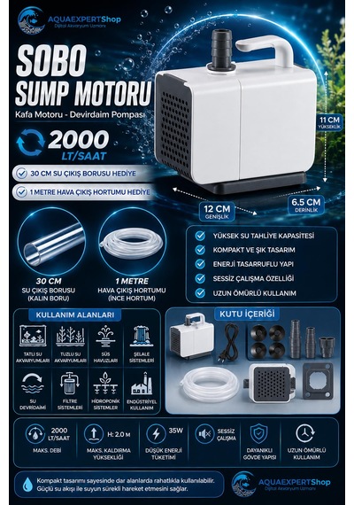 Sobo Sump Motoru - Kafa Motoru - Devirdaim Pompası - 2000 Lt/saat - 30 Cm Su Çıkış Borusu - 1 Metre Hava Hortumu Hediye