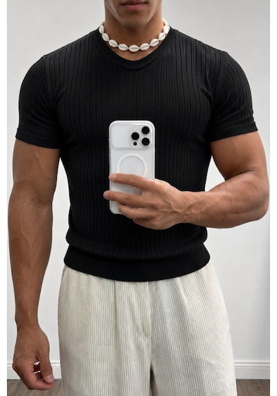 Tarz Cool Erkek Slim Fit Fitilli Triko Tişört Bisiklet Yaka Premium Pamuk Basic Yazlık T-shirt Siyah