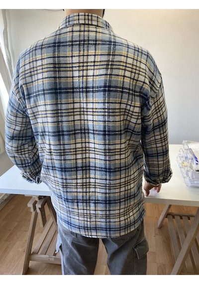 Mavi-sarı-beyaz Erkek Slim Fit Çift Cep Kapaklı Kaşe Oduncu Gömlek Mavi-sarı-beyaz