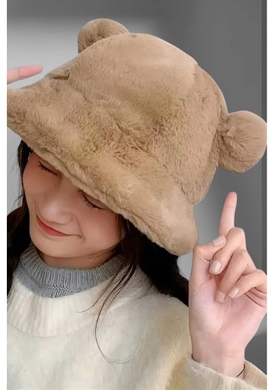 Uniquetrenders Kadın Sevimli Ayı Kulak Peluş Bucket Şapka Camel