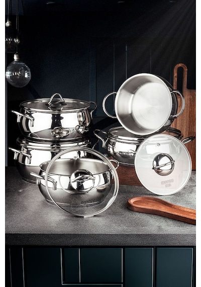 Mango Kitchen Dara Steel - 10 Parça Çelik Tencere Seti Paslanmaz Çelik Master Steel 18/10 Çelik Inox